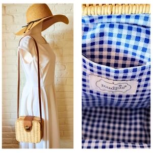 Wicker Crossbody Purse by Mud Pie | Vegan Leather, Gold, Gingham Interior